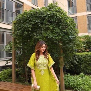Mustard Green Georgette Kaftan Pant Set With 5mm Embroidery Sequins Work