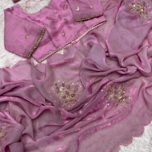 Shambhavi Soft Fandy Satin Saree with Khatli Handwork &Stitched Blouse – Pink