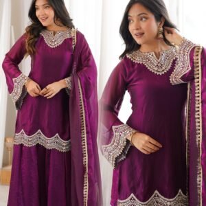 Fendy Silk Purple Kurta And Palazzo Set With Sequins And Embroidery Work