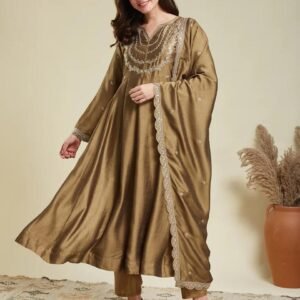 Premium Vichitra Silk Designer Olive Green Anarkali Suit with Pent &Dupatta