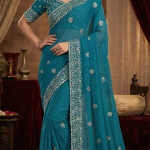 Premium Tissue Sonic Crush Teal Blue Saree with Heavy Embroidery &Dual Sequence Work