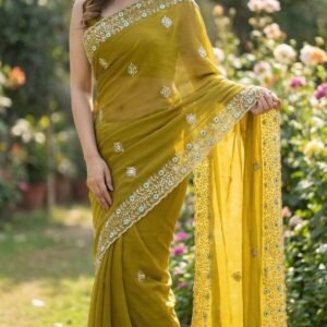 Premium Tissue Sonic Crush Mustard Yellow Saree with Heavy Embroidery &Dual Sequence Work