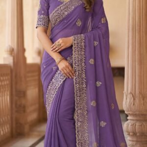 Premium Tissue Sonic Crush Lavender Saree with Heavy Embroidery &Dual Sequence Work