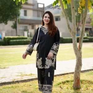 Premium Muslin Cotton Black Embroidery Cord Set
