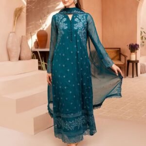 Designer Georgette Embroidered Kurta Pant Set with Dupatta – Teal Blue