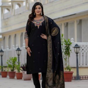 Premium Roman Silk Embroidery with Sequins Work Black 3pcs Suit