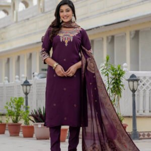 Premium Roman Silk Embroidery with Sequins Work Purple 3pcs Suit