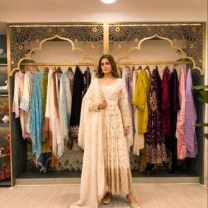 Đěsigner Party Wear Look Fancy White Anarkali Gown,Dupatta &Bottom Set