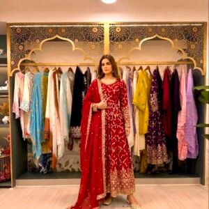 Đěsigner Party Wear Look Fancy Red Anarkali Gown,Dupatta & Bottom Set