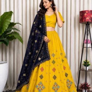 Roman Silk Mustard Yellow Lehanga With Sequins Work And Embroidery