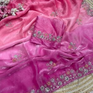 Bollywood Style Fandy Satin Silk Sequins With Beads Work Two Shades Rani Pink Saree