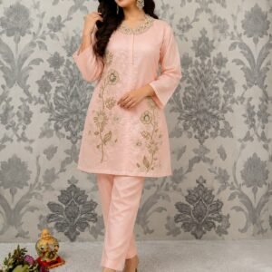 Premium Roman Glass Peach Cord Set With Embroidery And Beads Work