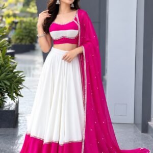 Pure Georgette White And Rani Pink Lehanga Choli With Mirror Work Dupatta