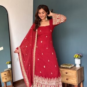 Heavy Georgette With 3mm Sequins And Embroidery Red Straight Kurta,Pent & Dupatta Set