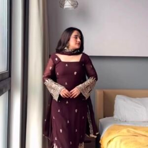 Heavy Georgette With 3mm Sequins And Embroidery Burgundy Straight Kurta,Pent & Dupatta Set