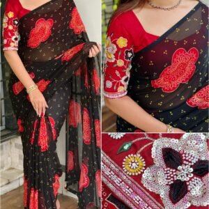 Heritage Georgette Bandhej Black Saree With Handwork Blouse