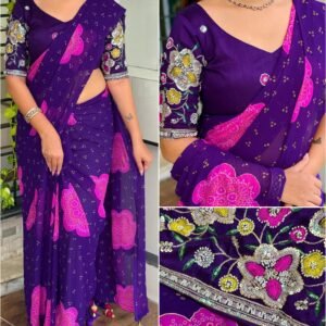 Heritage Georgette Bandhej Royal Blue Saree With Handwork Blouse