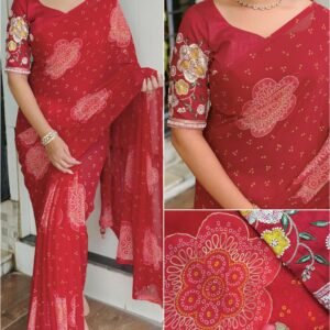 Heritage Georgette Bandhej Red Saree With Handwork Blouse