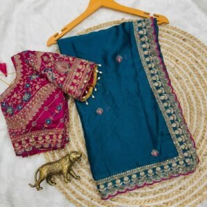 Pure Soft Rangoli Silk Rama Saree With Stitched Blouse Enhance With Sequins &Embroidery