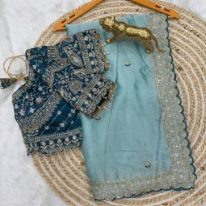 Pure Soft Rangoli Silk Sky Blue Saree With Stitched Blouse Enhance With Sequins &Embroidery