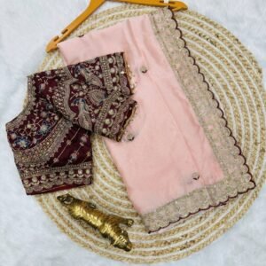 Pure Soft Rangoli Silk Peach Saree With Stitched Blouse Enhance With Sequins &Embroidery