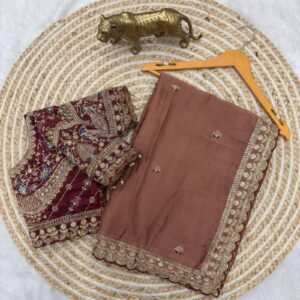 Pure Soft Rangoli Silk Brown Saree With Stitched Blouse Enhance With Sequins &Embroidery