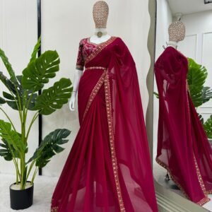 Georgette Embroidery And Sequins Work Pink Saree With Kamar Belt