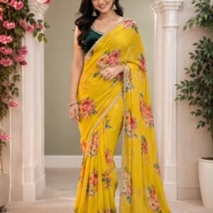Elegant Smooth Chinnon Digital Print Lemon Yellow Saree with Embroidered Diamond Border