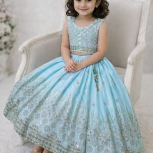 Kids Chinnon Silk Sky Blue  Embroidery And Sequins Lehanga Blouse Dupatta