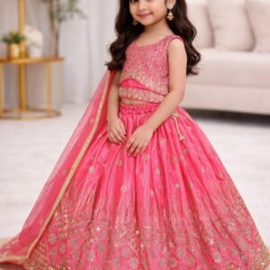 Kids Chinnon Silk Pink  Embroidery And Sequins Lehanga Blouse Dupatta
