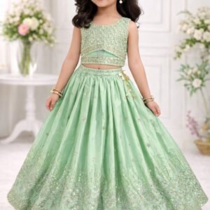 Kids Chinnon Silk Pastel Green Embroidery And Sequins Lehanga Blouse Dupatta