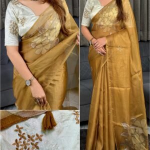 Floral Print Pure Kota Doriya Metallic Gold Saree With Unstitch Embroidery Blouse
