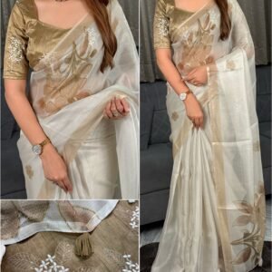 Floral Print Pure Kota Doriya Ivory Saree With Unstitch Embroidery Blouse