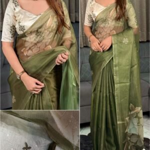 Floral Print Pure Kota Doriya Green Saree With Unstitch Embroidery Blouse