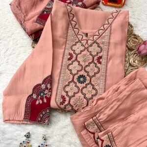 Diamond Premium Banana Silk Peach Kurti Pant Dupatta Set
