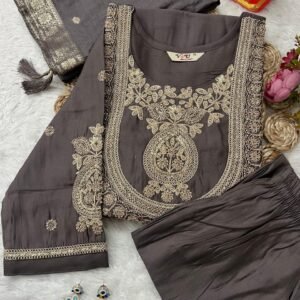 Diamond Premium Banana Silk Dark Grey Kurti Pant Dupatta Set