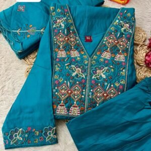 Olive Premium Viscos Embroidered Rama Blue Kurti Pant And Dupatta Set
