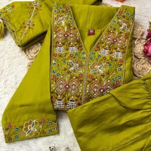 Olive Premium Viscos Embroidered Olive Green Kurti Pant And Dupatta Set