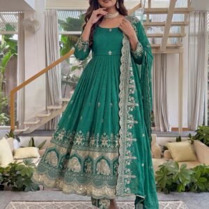 Royal Anarkali Crunchy Silk Teal Green Gown Set With Embroidered And Zari Work