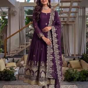 Royal Anarkali Crunchy Silk Purple Gown Set With Embroidered And Zari Work
