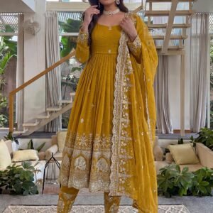 Royal Anarkali Crunchy Silk Mustard Yellow Gown Set With Embroidered And Zari Work