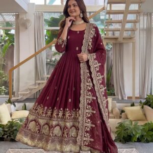 Royal Anarkali Crunchy Silk Maroon Gown Set With Embroidered And Zari Work