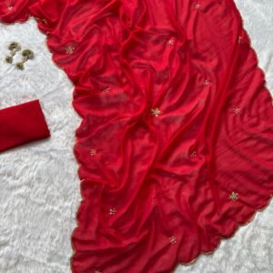 Elegant Pure Faux Georgette Red Handwork Saree