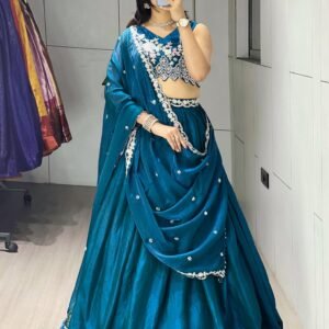 Fandy Silk Stunning Antique Work Rama Lehanga Choli And Dupatta