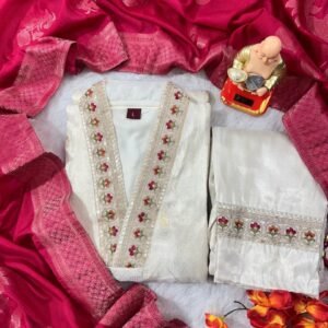 Shimmer Jacquard Embroidery Ivory Kurta And Pant With Dupatta(Floral Design)