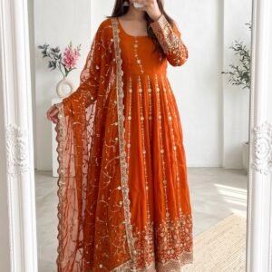 Fandy Silk Heavy Embroidery And Sequins Orange Rust Anarkali Gown Set