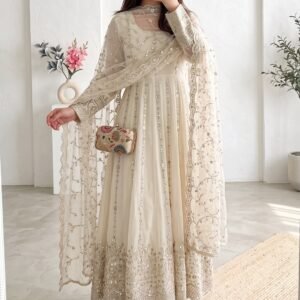 Fandy Silk Heavy Embroidery And Sequins White Anarkali Gown Set