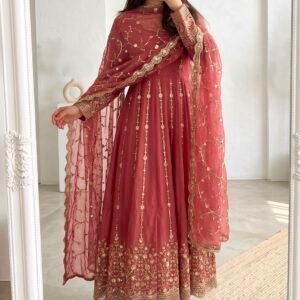 Fandy Silk Heavy Embroidery And Sequins Pastel Pink Anarkali Gown Set