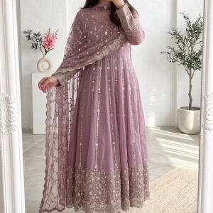 Fandy Silk Heavy Embroidery And Sequins Rose Pink Anarkali Gown Set