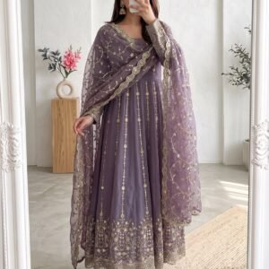 Fandy Silk Heavy Embroidery And Sequins Lavender Anarkali Gown Set